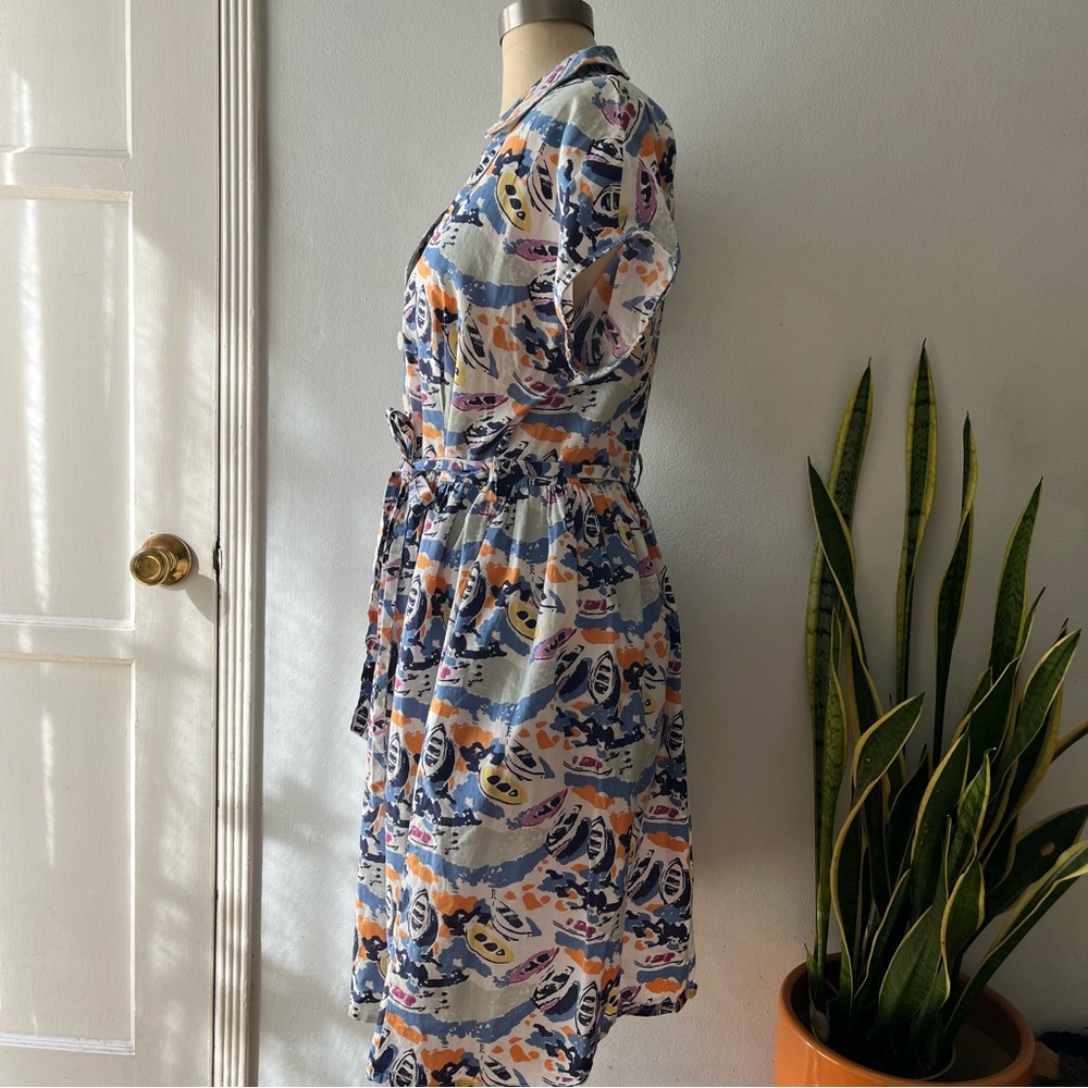 Boden• Retro Rowboats Cotton Linen Belted Fit & Flare Shirt Dress•Size 10 - Picture 3 of 16